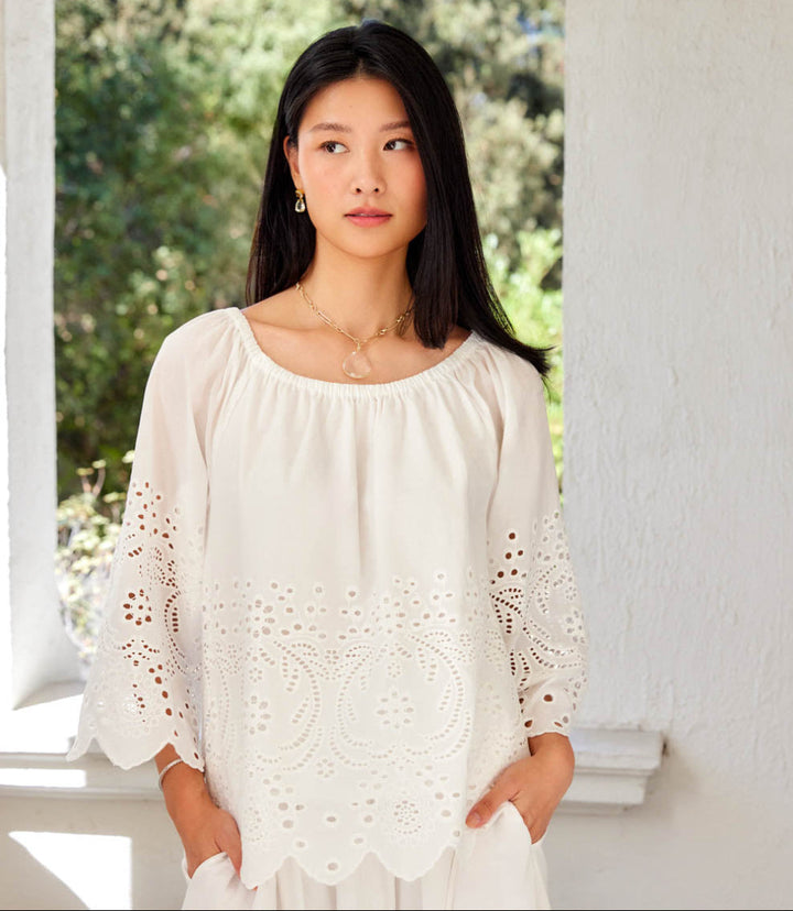 Cut-Out Embroidery Flare Sleeve Peasant Top