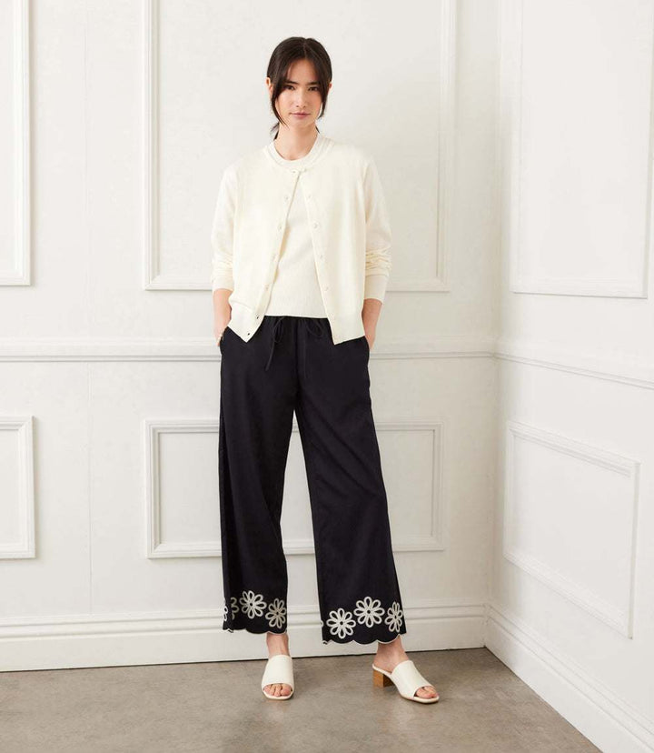 Petite size scallop drawstring pants in black cotton with cream embroidery and wide-leg fit