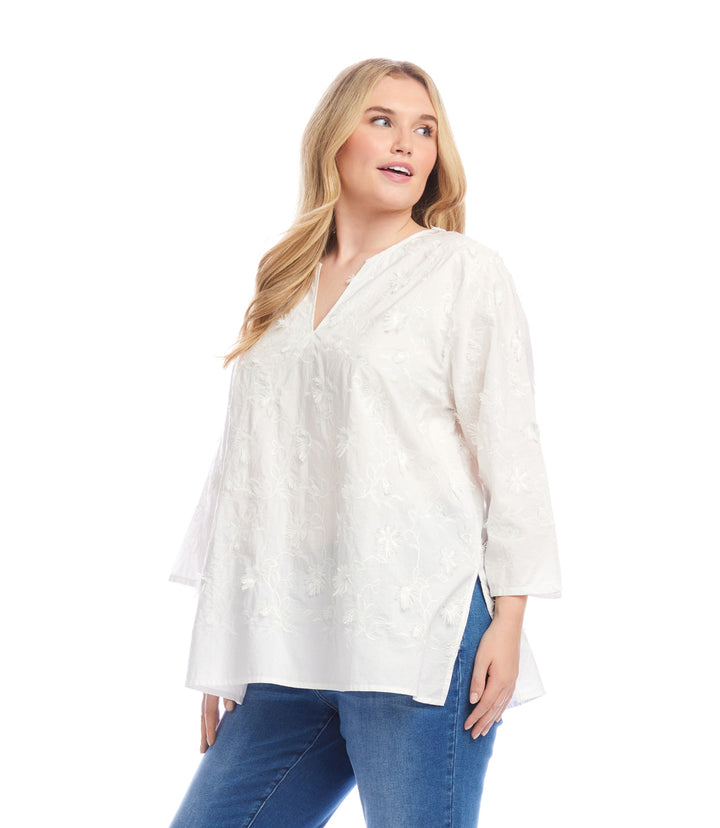 Plus Size 3/4 Sleeve Embroidered Tunic