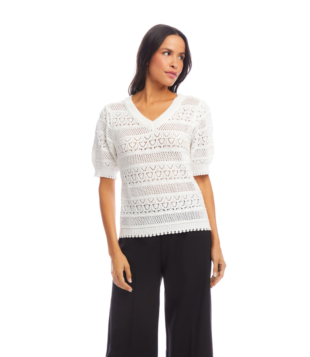 Short Sleeve Crochet V-Neck Top