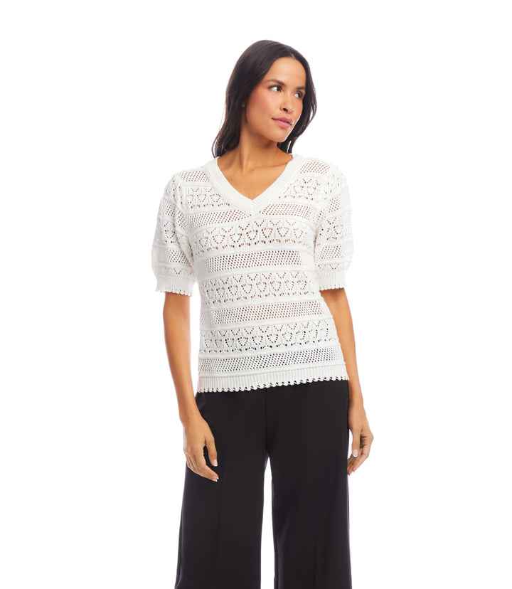 Short Sleeve Crochet V-Neck Top