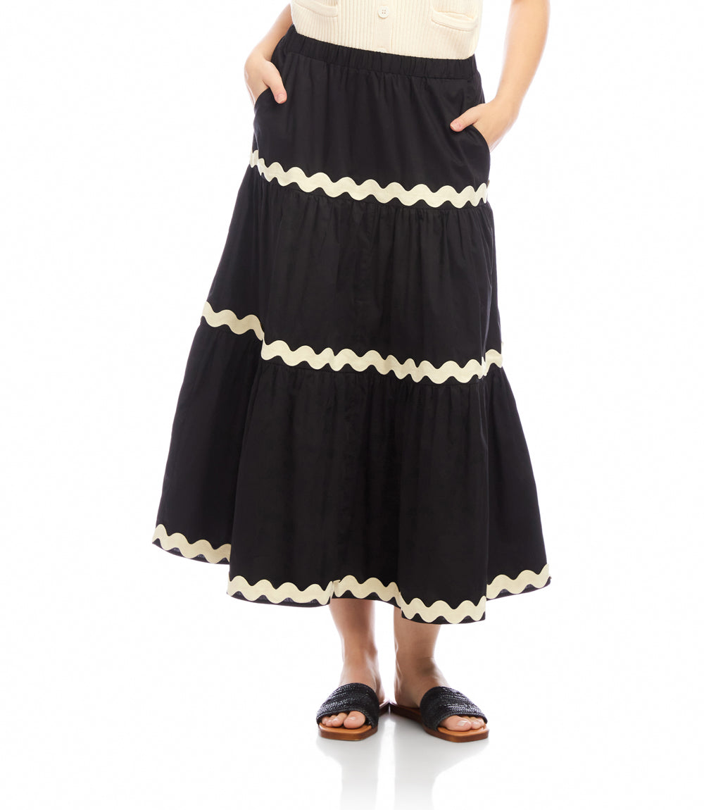 Ric-Rac Trim Tiered Midi Skirt