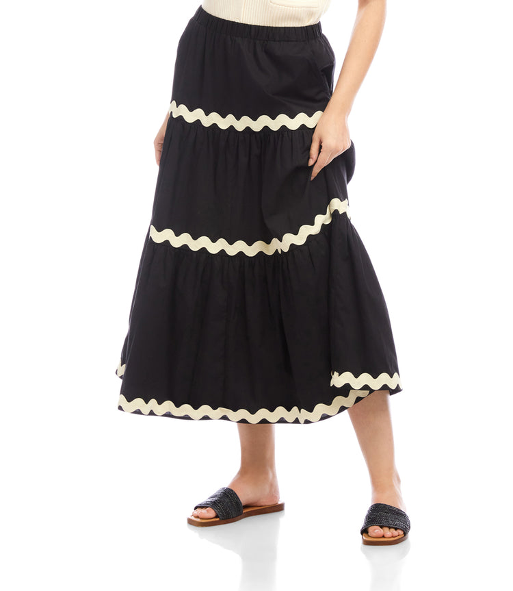 Black With Natural Ric-Rac Trim Tiered Midi Skirt | Karen Kane