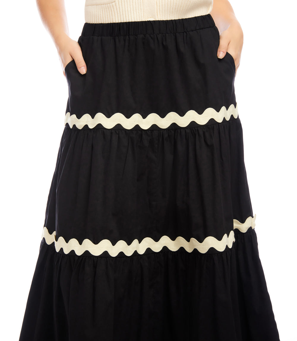 Ric-Rac Trim Tiered Midi Skirt