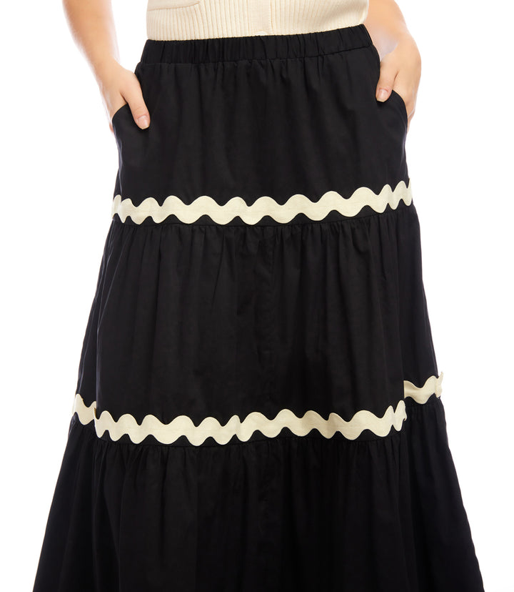 Ric-Rac Trim Tiered Midi Skirt