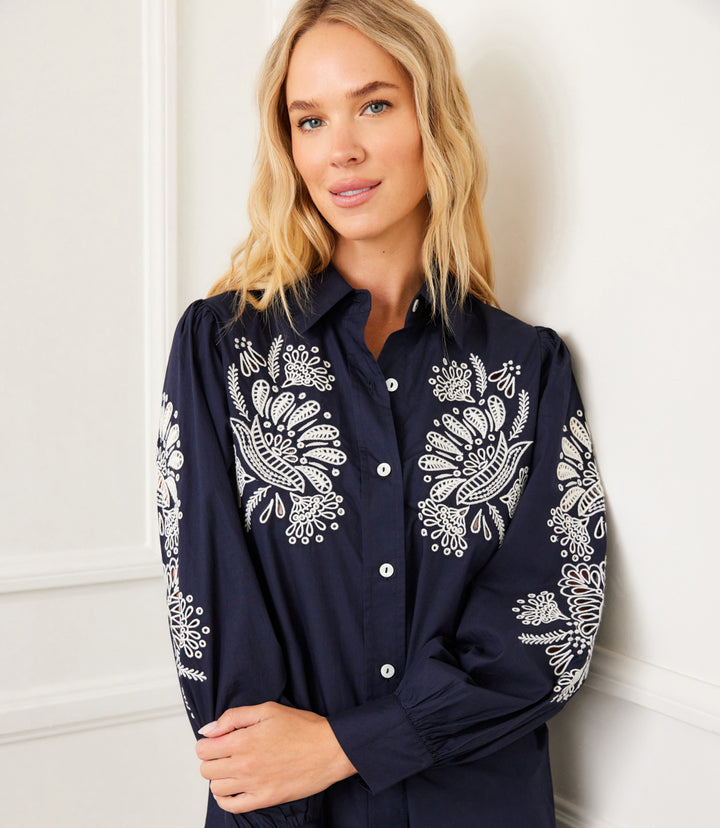 Embroidered Puff Sleeve Shirtdress