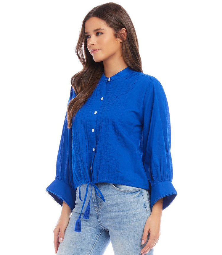 Blue Lace Trim Drawstring Top | Karen Kane