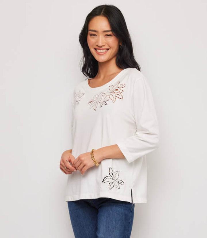3/4 Sleeve Embroidered Cut-Out Boatneck Top