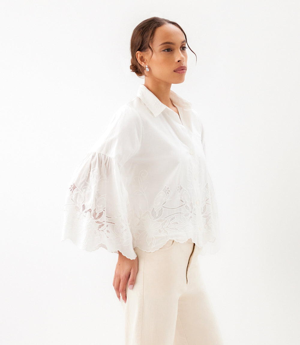 Embroidered Bell Sleeve Button Front Blouse