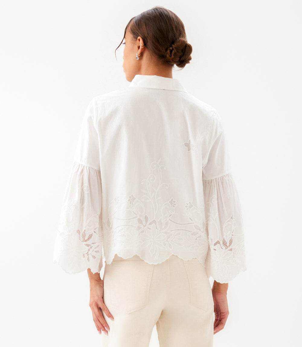 Embroidered Bell Sleeve Button Front Blouse - Lightweight Cotton