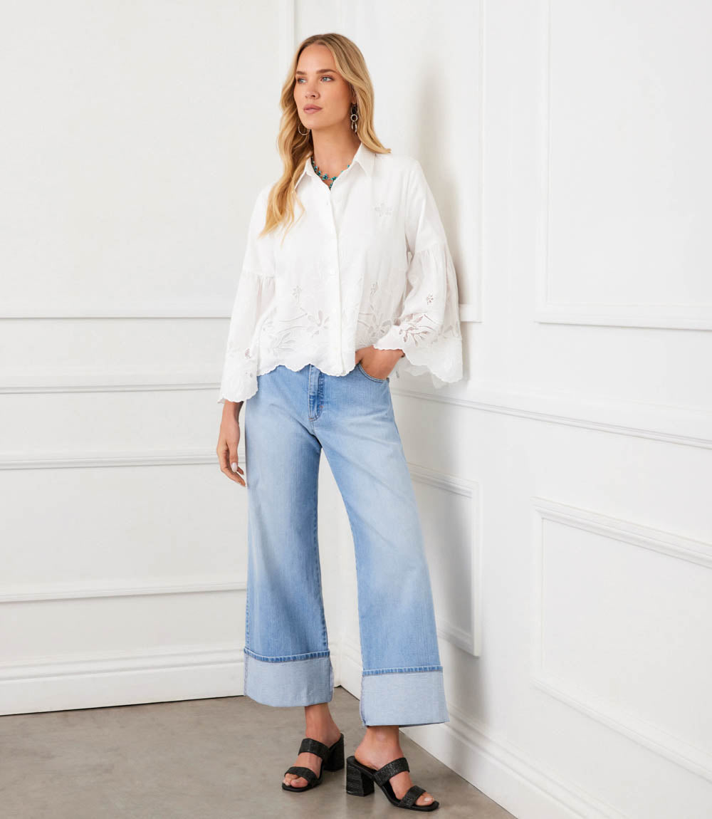 Embroidered Bell Sleeve Button Front Blouse