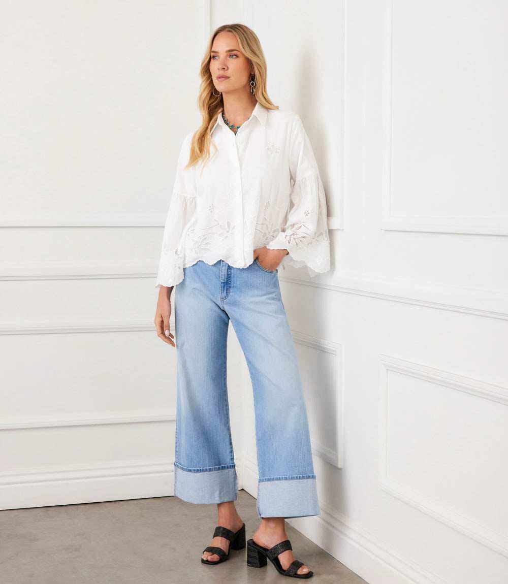 Embroidered Bell Sleeve Button Front Blouse - Lightweight Cotton