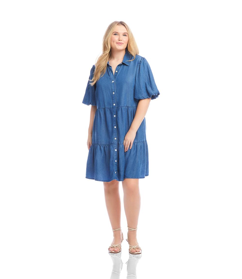 Plus size puff sleeve tiered shirtdress in blue with front buttons and collar