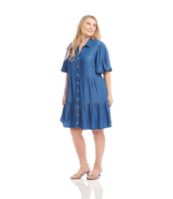 Plus Size Puff Sleeve Tiered Shirtdress