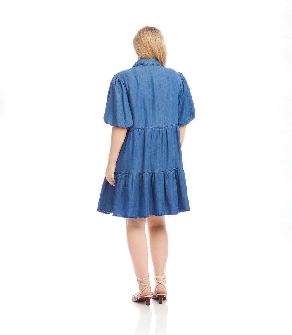 Karen Kane Women's Plus Size Puff Sleeve Tiered Shirtdress, 1X, 1X, Chambray, 100% Tencel Karen Kane Women's Plus Size Puff Sleeve Tiered Shirtdress, 1X, 1X, Chambray, 100% Tencel