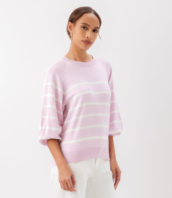 Stripe Puff Sleeve Raglan Sweater