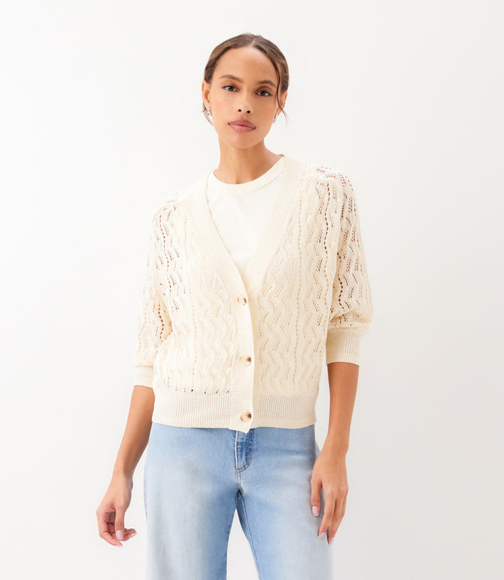 Petite Size Puff Sleeve Crochet Cardigan Sweater