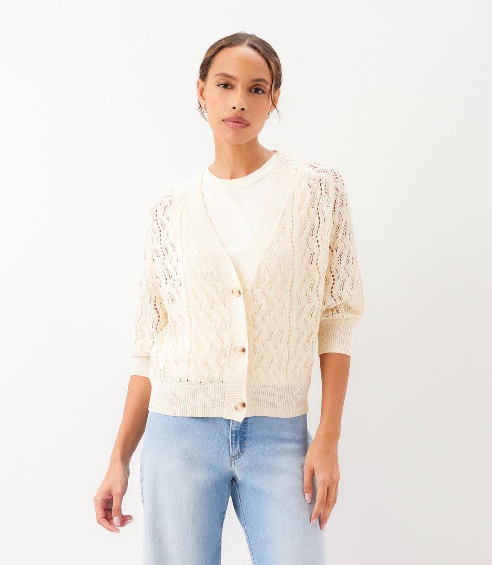 Puff Sleeve Crochet Cardigan - Feminine Open-Knit Sweater for