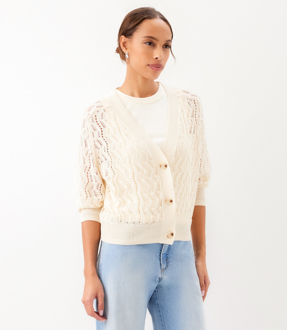 Petite Size Puff Sleeve Crochet Cardigan Sweater