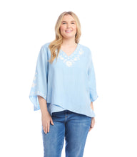 Plus Size Bracelet Sleeve Embroidered Asymmetric Top