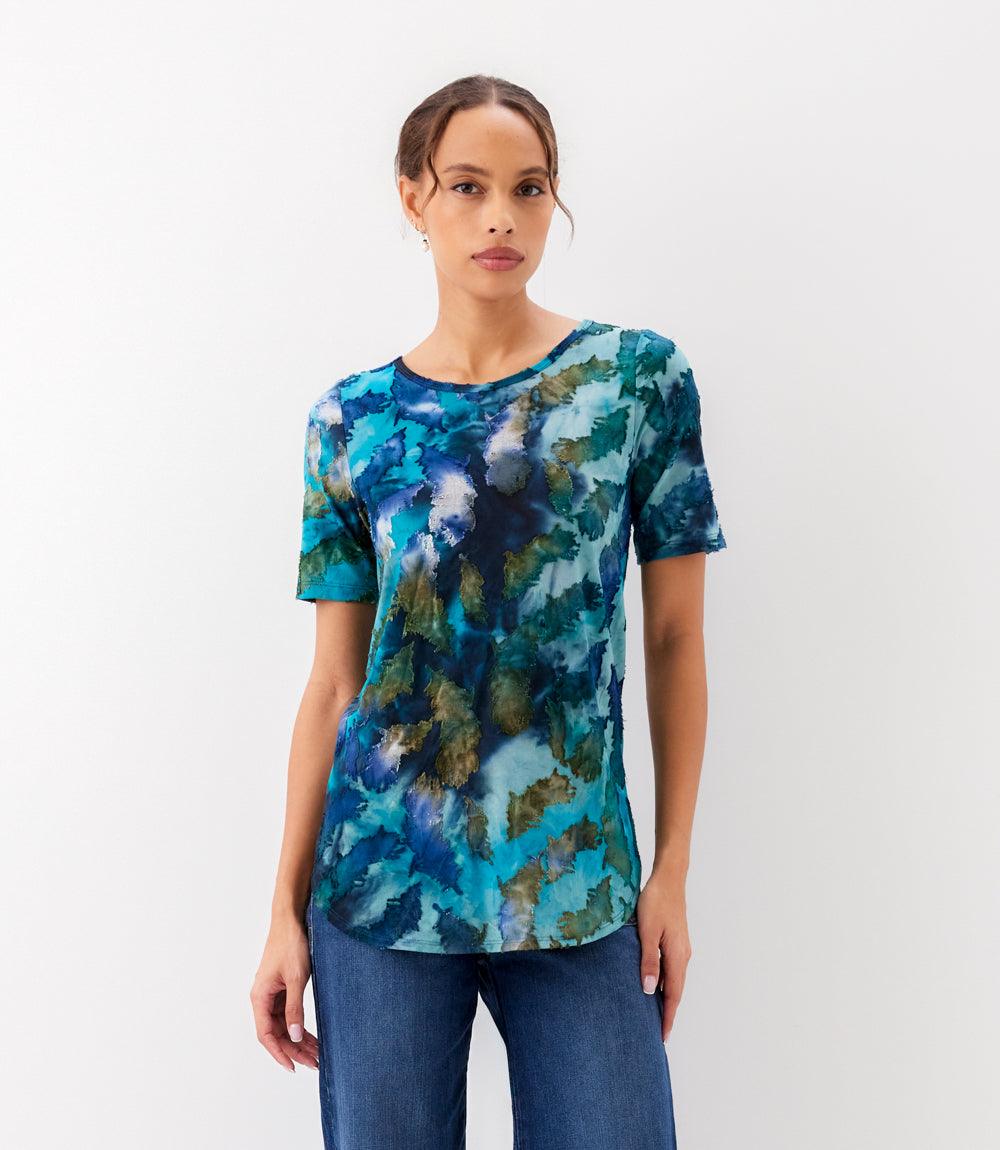 Short Sleeve Burnout Shirttail Top - Stylish Tie Dye Knit Jacquard