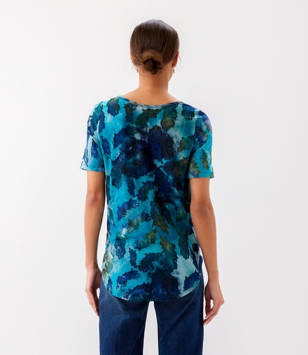 Short Sleeve Burnout Shirttail Top - Stylish Tie Dye Knit Jacquard