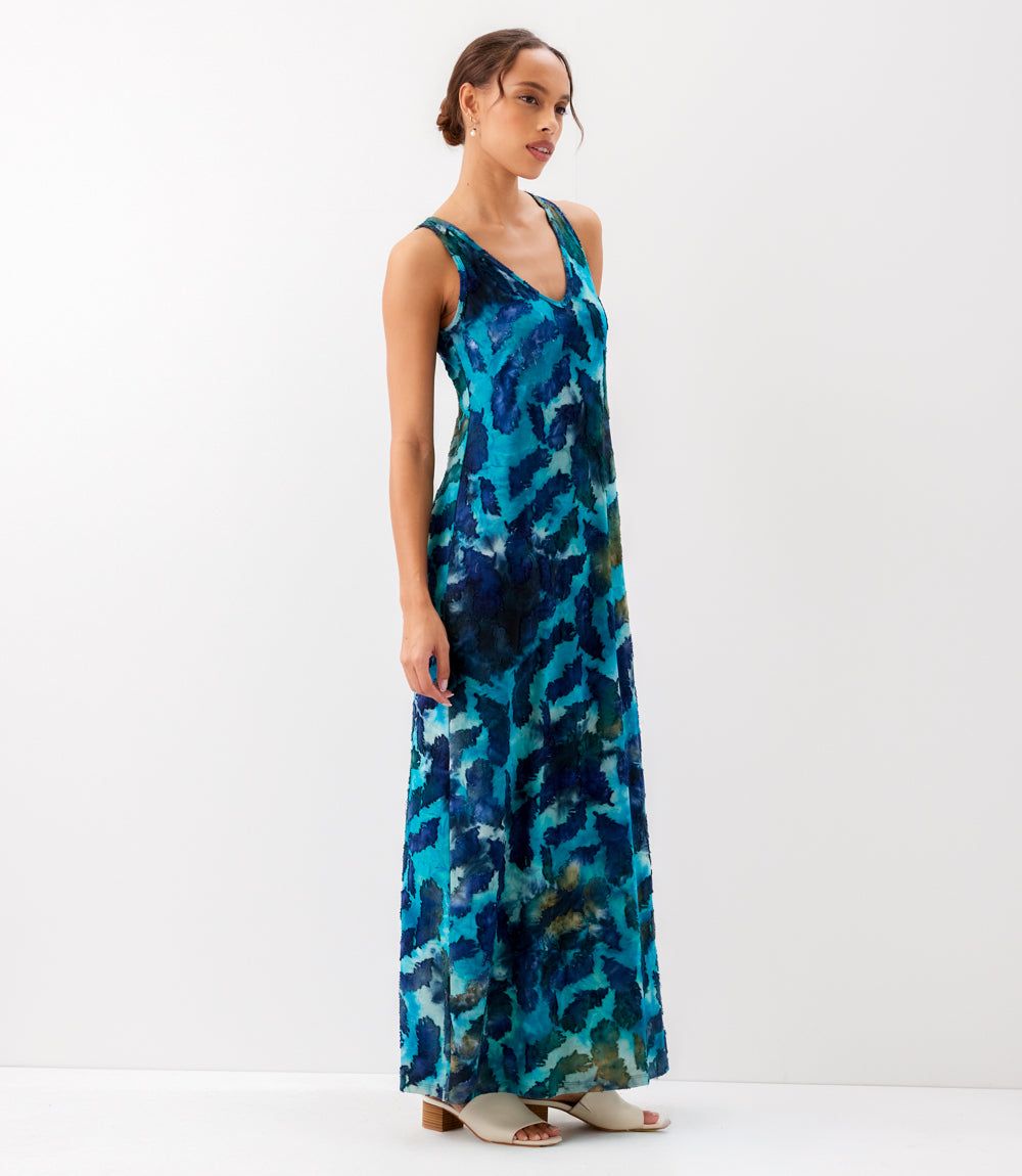 karen kane maxi dress Karen Kane Women's Side-Slit Burnout Maxi Dress, Medium, M, Teal, Tie Dye, Polyester/Elastane/Nylon