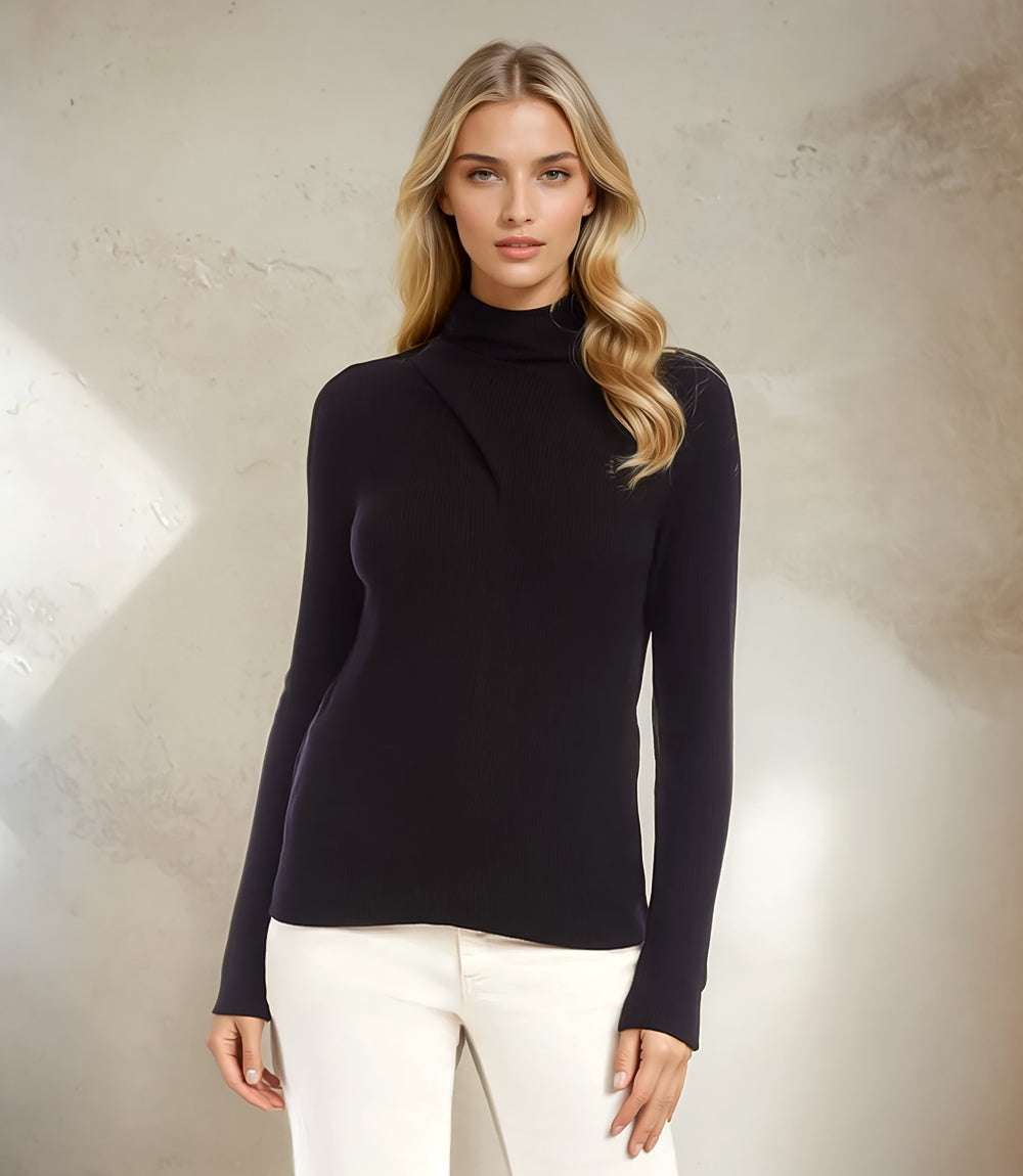 Woman wearing black Ribbed Faux Wrap Turtleneck Top with long sleeves and slim fit