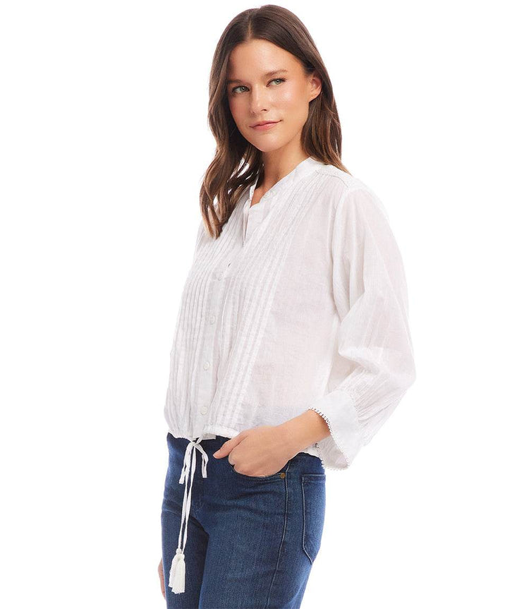 Off White Lace Trim Drawstring Top | Karen Kane