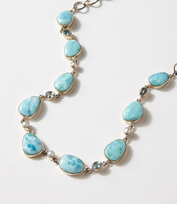 Larimar, Blue Topaz, And Mother Of Pearl Necklace
