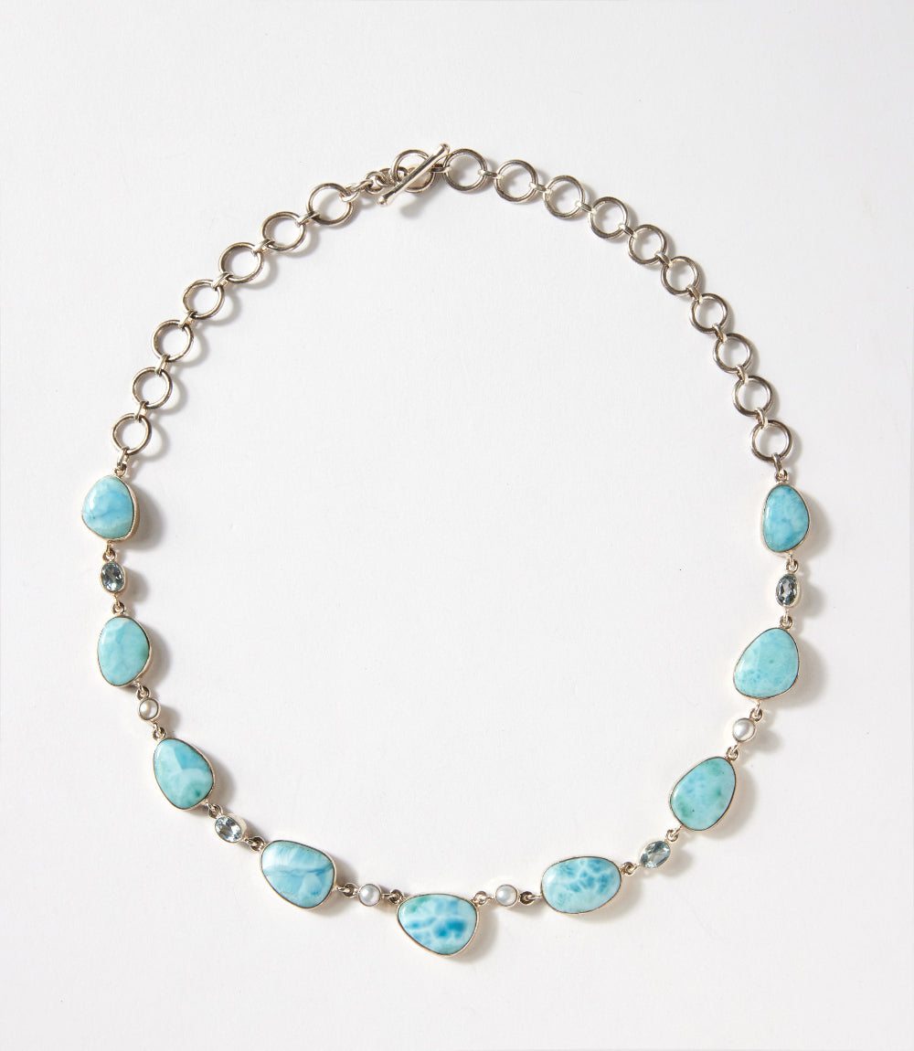 Larimar, Blue Topaz, And Mother Of Pearl Necklace
