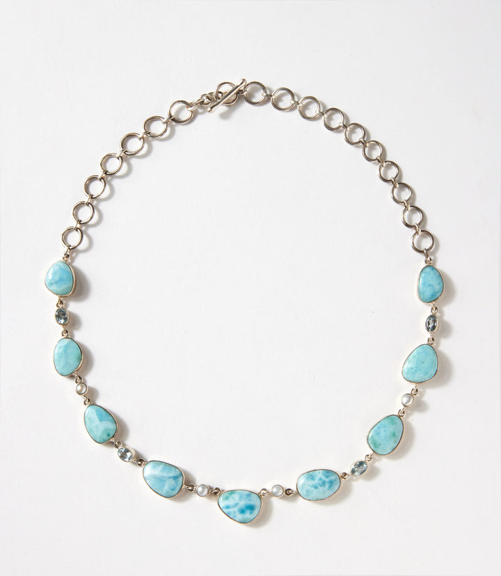Larimar, Blue Topaz, And Mother Of Pearl Necklace