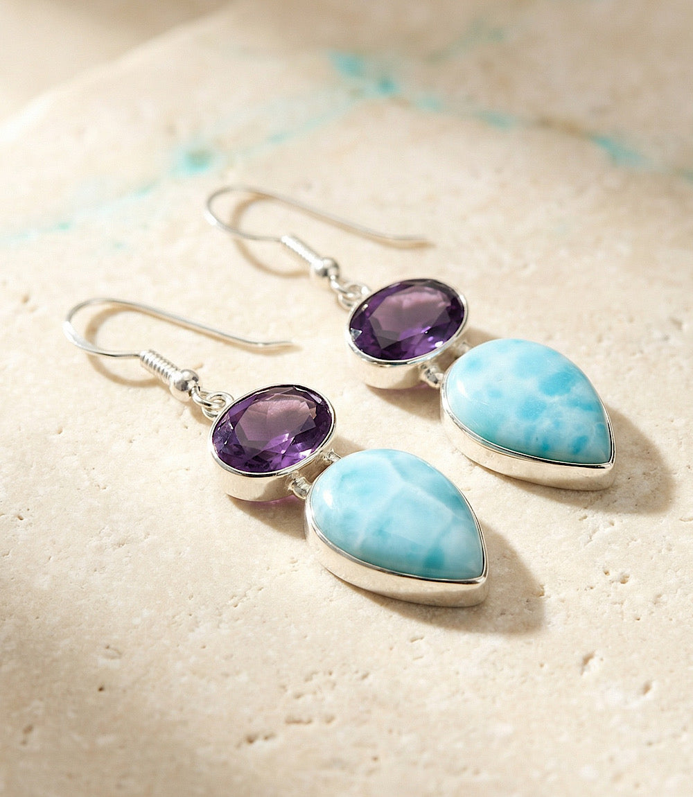 Larimar And Amethyst Drop Earrings