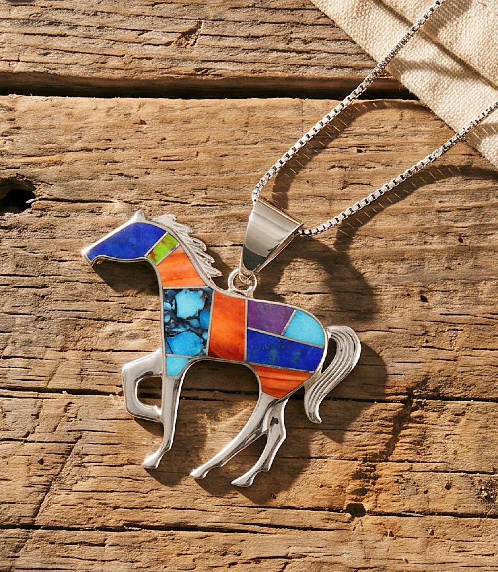 Multi-Stone Inlay Running Horse Pendant Necklace