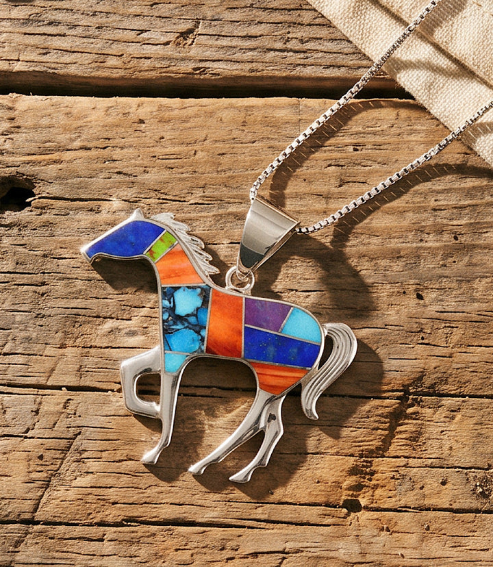 Multi-Stone Inlay Running Horse Pendant Necklace
