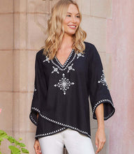 Black and white bracelet sleeve embroidered asymmetric top with V-neck and flared sleeves in linen blend fabric