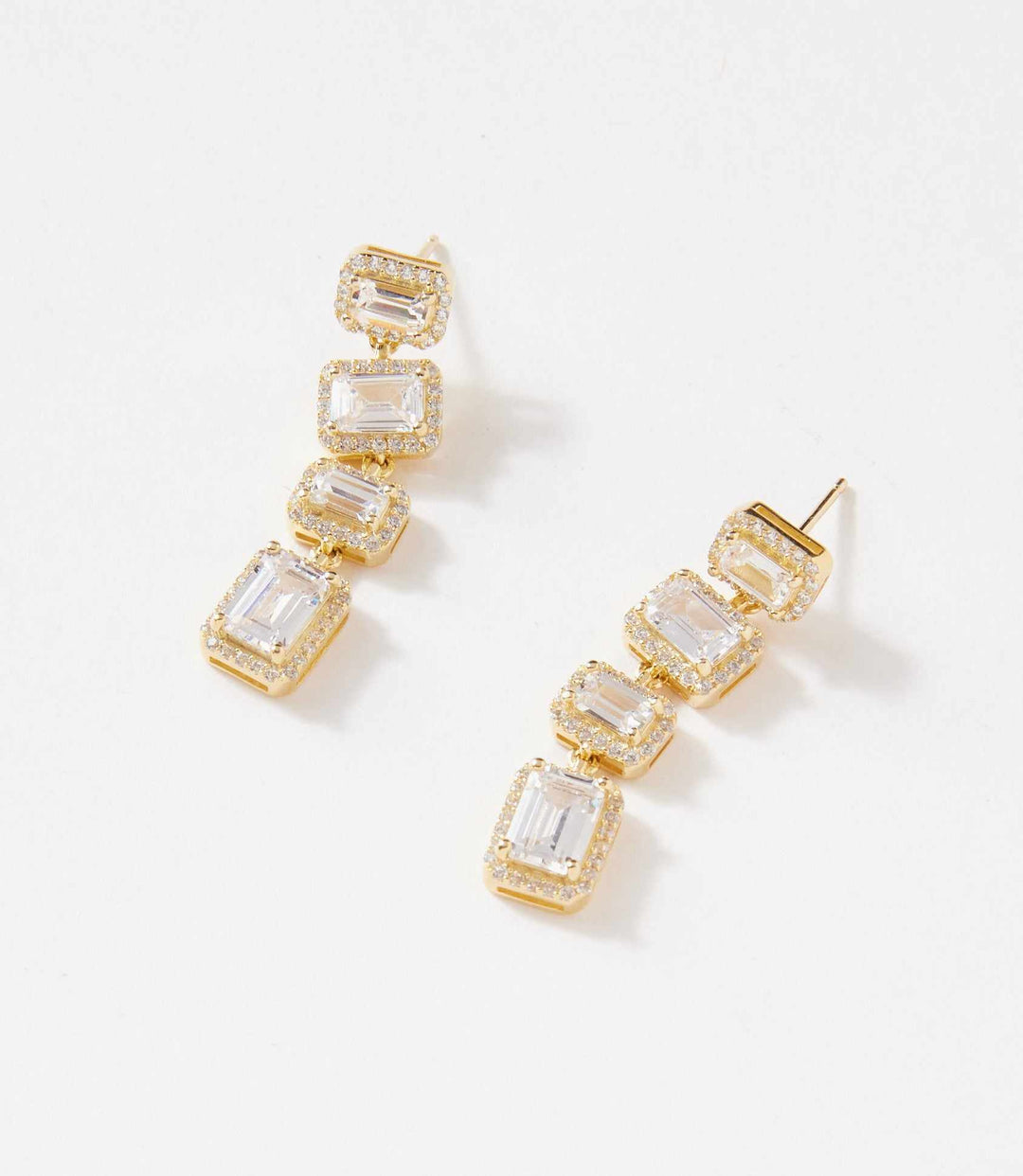 Triple crystal earrings with three linked emerald-cut cubic zirconia stones in 14K gold-plated brass