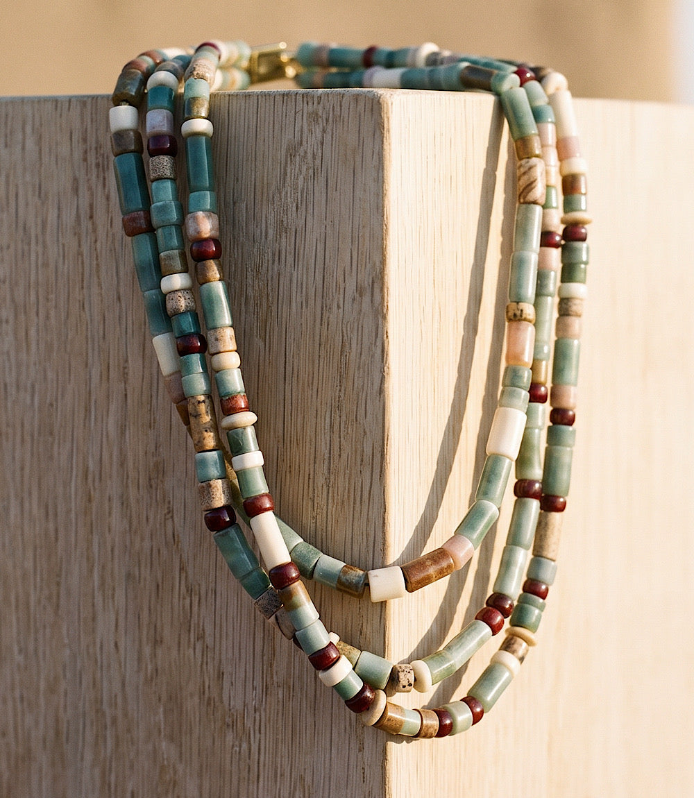 Layered turquoise bead necklace with gold accents and multiple strands for elegant style