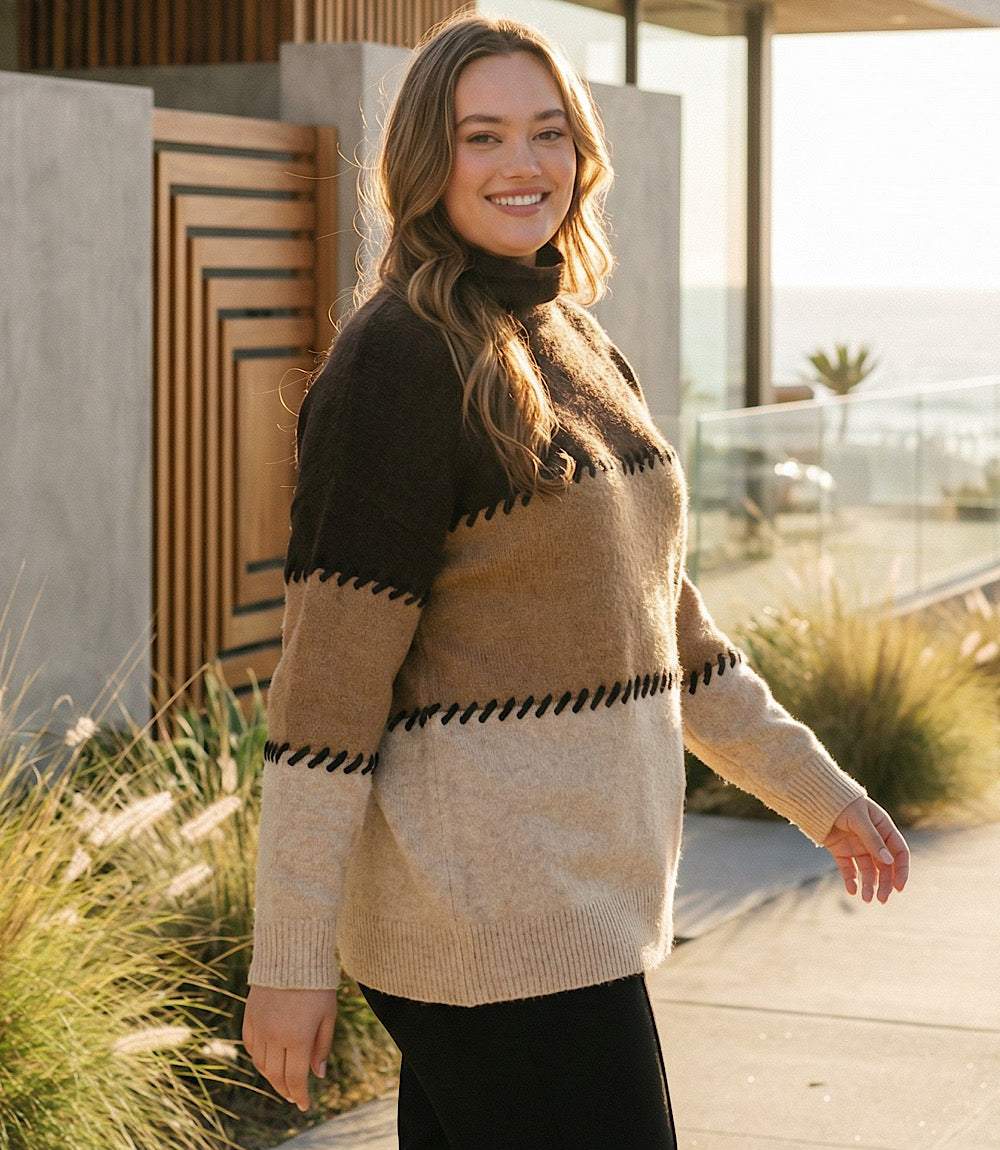 Plus size contrast stitch mock neck colorblock sweater with drop shoulder sleeves and brown stitching detail