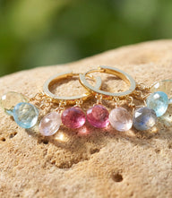 Rose quartz and aquamarine gemstone huggie earrings in 14k vermeil with pearls and labradorite, 0.5 inch diameter, made in USA