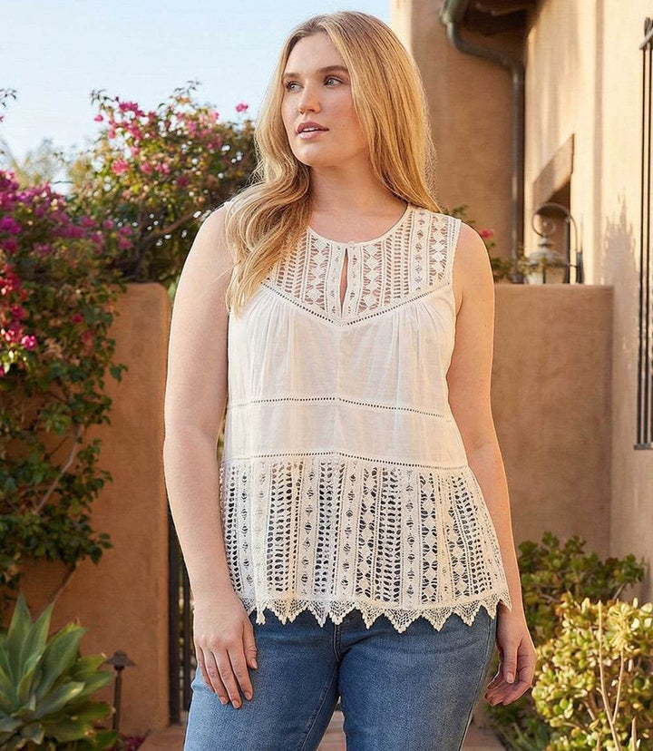 Plus size lace trim sleeveless cotton top with front keyhole and scoop neck