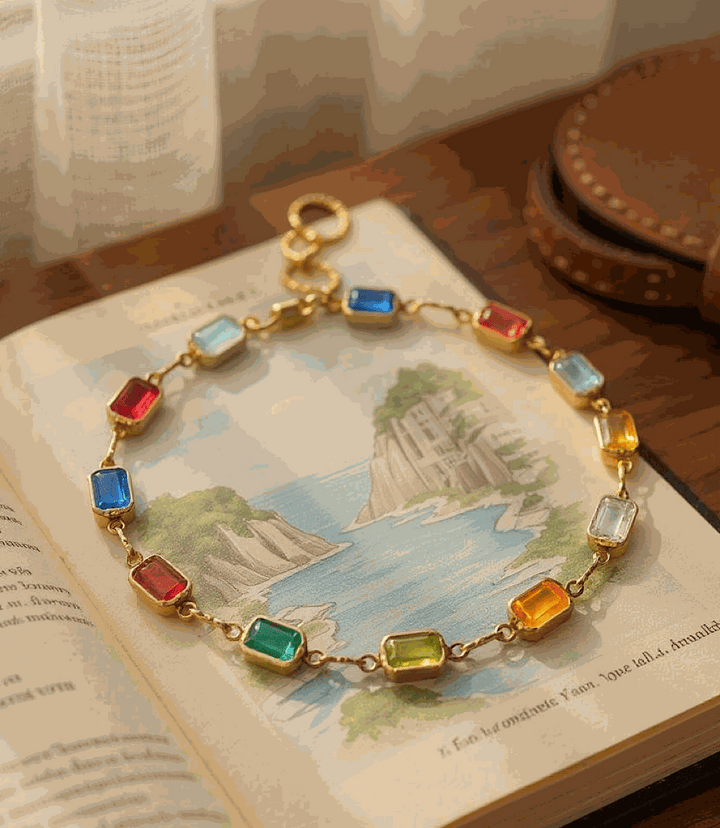 Colorful gemstone bracelet with 18K gold filled setting and rectangular multicolored stones on a stretch band placed on an open book.