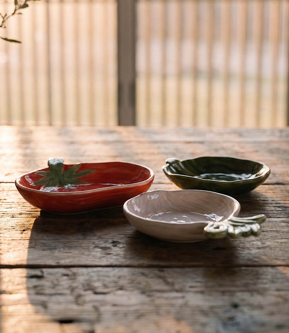 Set of 3 hand-painted garden vegetable tidbit dishes in garlic, green pepper, and tomato designs