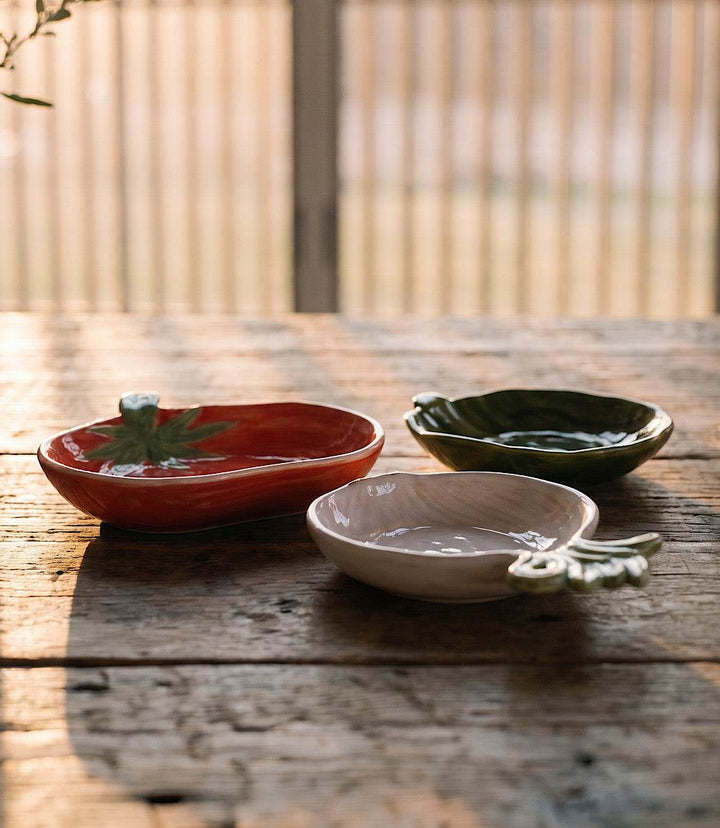Set of 3 hand-painted garden vegetable tidbit dishes in garlic, green pepper, and tomato designs