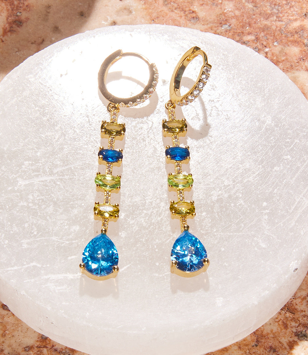Multi gemstone drop earrings with blue cubic zirconia and 14K gold-plated brass pavé hoops