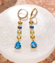 Multi gemstone drop earrings with blue cubic zirconia and 14K gold-plated brass pavé hoop