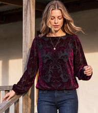 Blouson Sleeve Velvet Burnout Boatneck Top