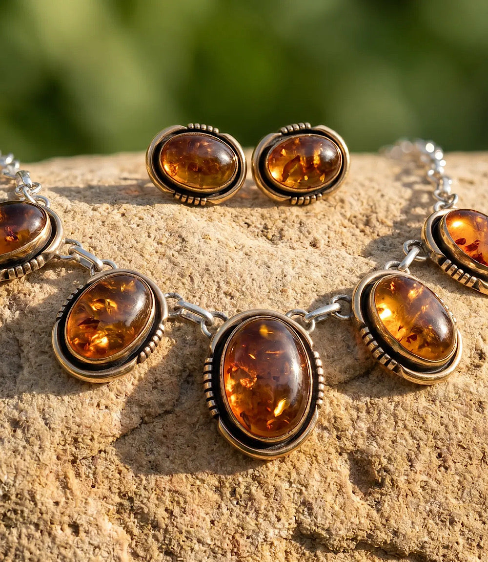 Vintage Amber Station Necklace And Earring Set