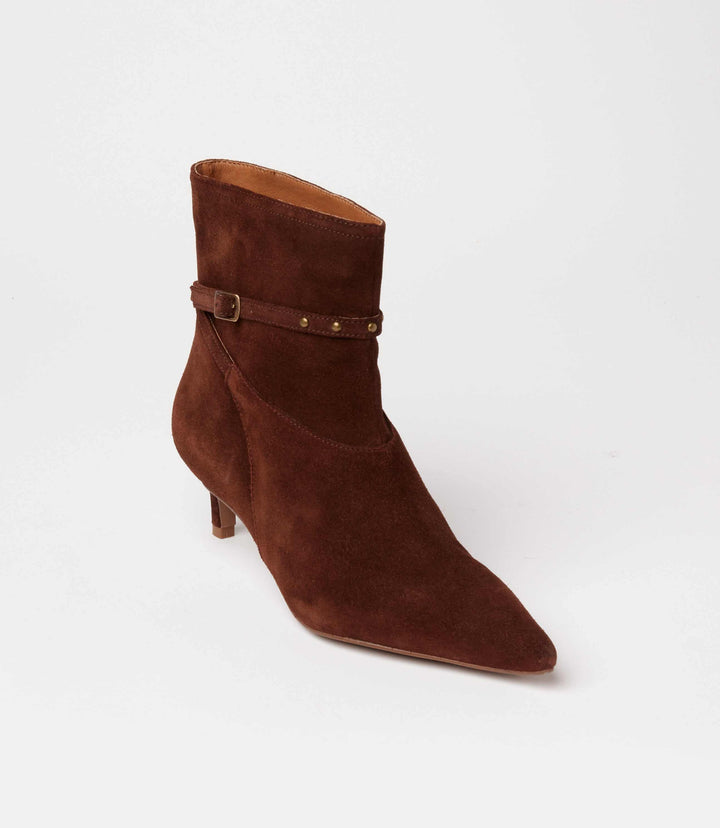 Seychelles Milan Booties chocolate suede ankle booties with pointed toe, 2-inch kitten heel, wraparound studded ankle strap, and minimalist design