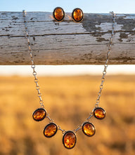 Vintage Amber Station Necklace And Earring Set